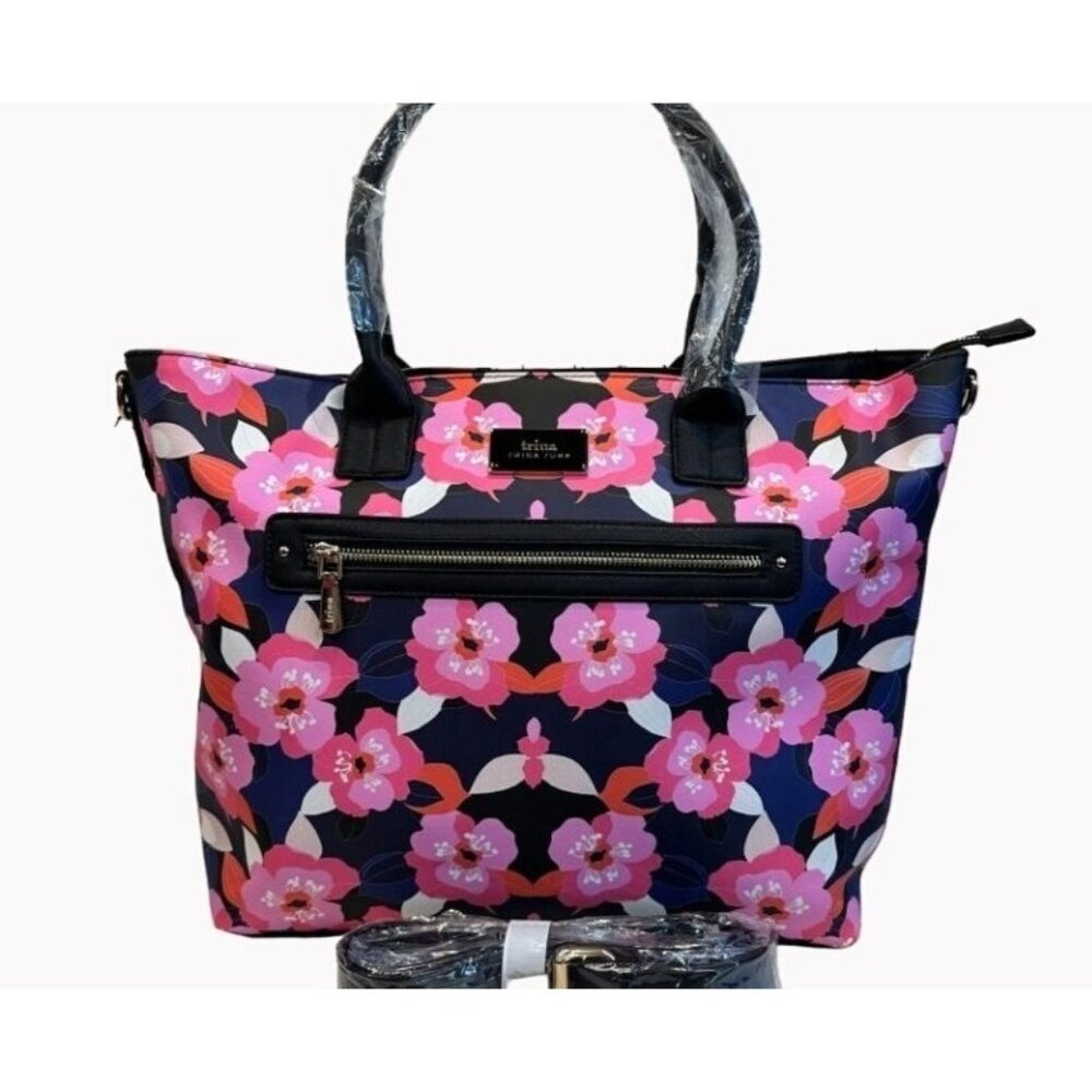 Trina Turk Floral Vegan Leather Tote Bag With Crossbody Strap Zipper Closure
